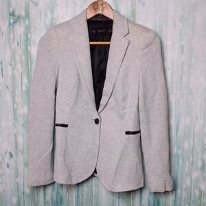 Zara Light Gray Blazer with Black Faux Leather Accents
